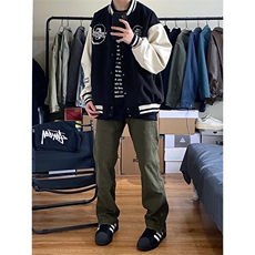 现货~军绿色修身侧拉链牛仔裤伐木裤子微喇工装裤KZ7773P65，男装牛仔裤，星座908