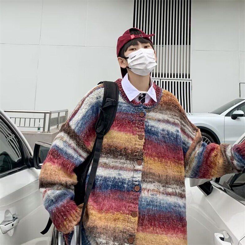 彩色条纹撞色开衫毛衣男女慵懒圆领宽松休闲情侣针织外套SW7310,男装针织衫/毛衣,星座516A