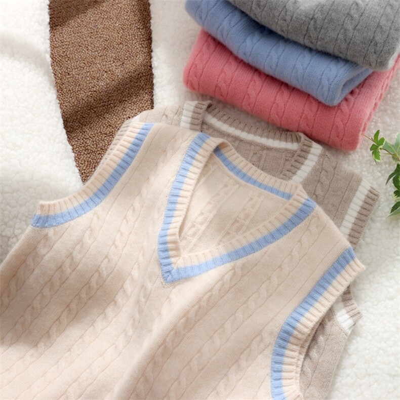 秋冬新款儿童扭花V领羊毛针织背心男女童坎肩宝宝马甲打底，童装毛衣，初丹羊绒童装