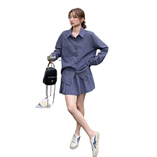 藏青色复古格纹衬衫套装裙女2025夏季新款韩系学院风半身裙两件套，女装套装/套裙，2C206