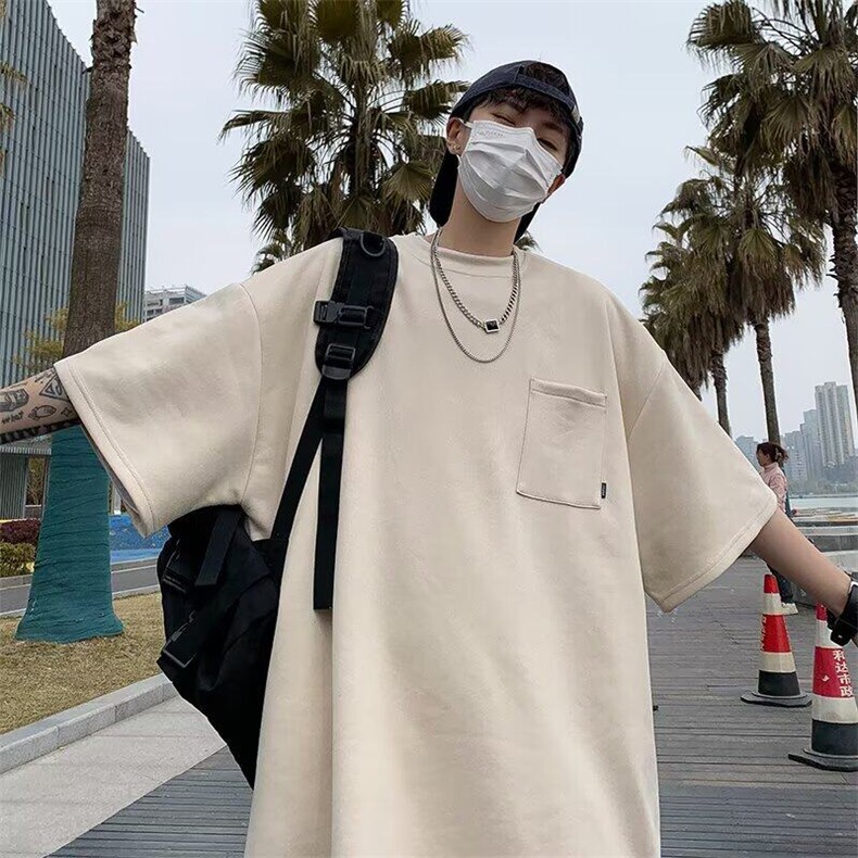 夏季日系ins潮圆领鹿皮绒短袖T恤男女青春流行打底衫口袋圆领上衣,男装T恤,星座506