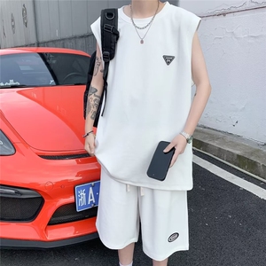 冰丝速干无袖t恤男夏季新款短袖短裤套装潮流宽松坎肩背心两件套图片