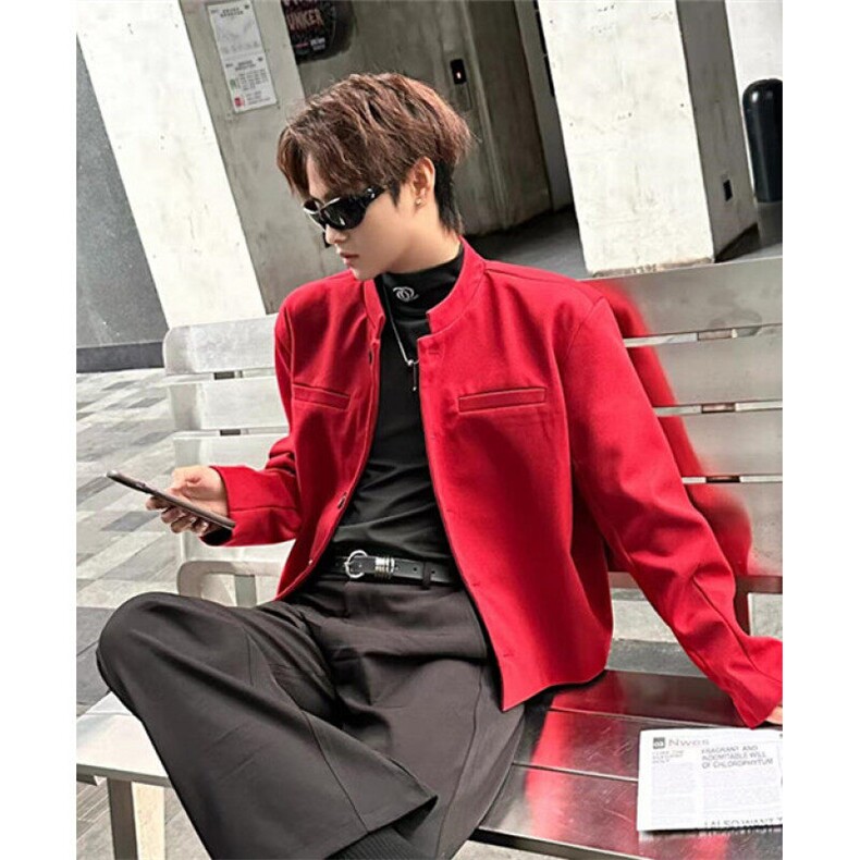 新中式红色垫肩中山装外套男秋冬痞帅短款毛呢西装大衣 XZ34图片