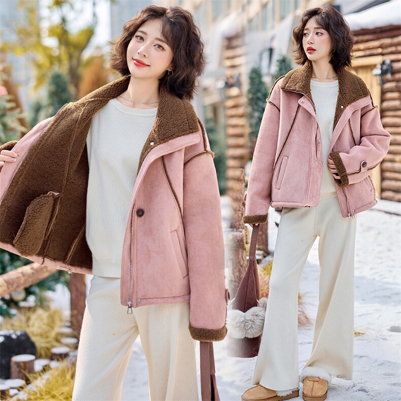 粉色皮毛一体羊羔毛外套女2024冬季新款加厚保暖鹿皮绒机车服棉服,女装短外套,慕依路