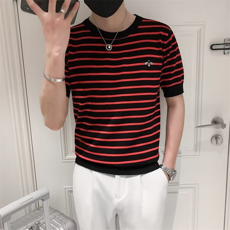 条纹短袖针织衫男春夏休闲线衣T恤男蜜蜂刺绣潮流半袖衣服男S247,男装T恤,星座1116A-2（原606A-1）