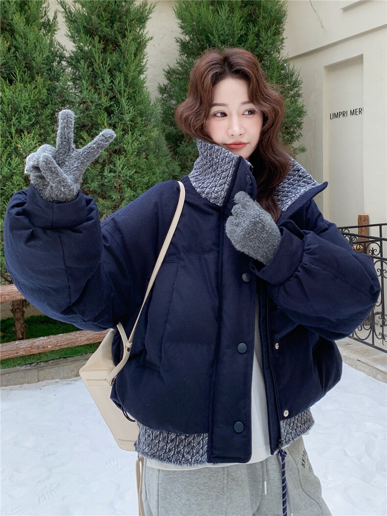 藏青色针织拼接短款羽绒服女2025冬新款设计感小个子90白鸭绒外套,女装羽绒服,辉之琳