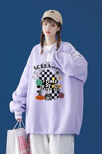 中性风 2024秋季新款港风潮牌棋盘格印花情侣百搭卫衣B06p55控68图片