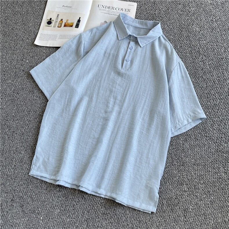 浅蓝色亚麻短袖polo衫男夏薄款男装老钱风高级感衬衫翻领T恤上衣,男装衬衫,电商A061