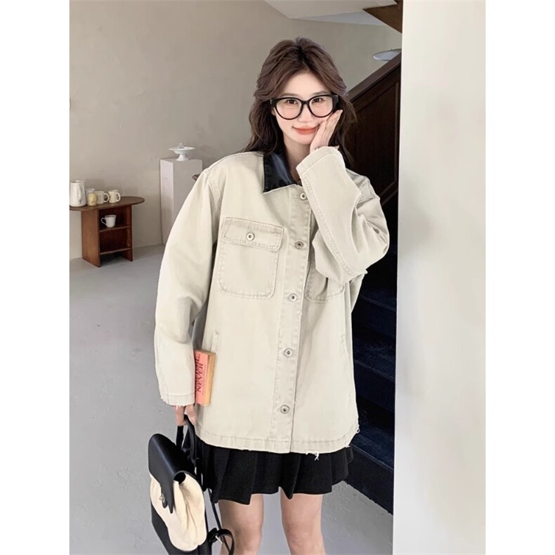 JK8967-P65灰色拼接pu皮领牛仔外套男女秋冬款中性工装褂子,男装工装外套,电商B323A