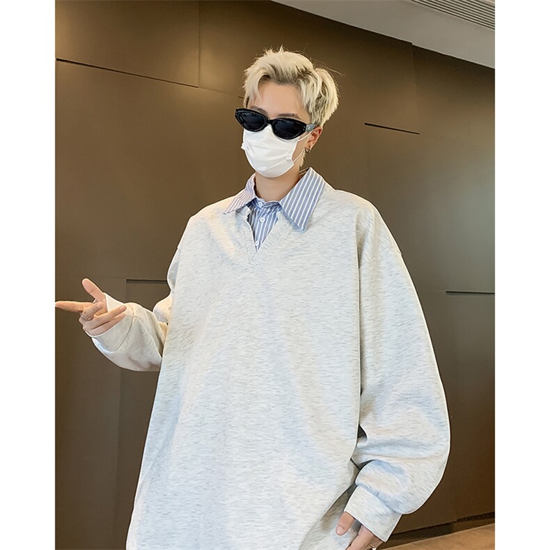 秋款男假两件卫衣条纹衬衫V领宽松休闲外套WY104P45,男装衬衫,星座1013-1