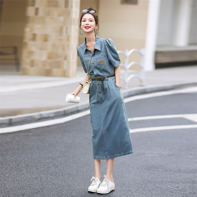 短袖牛仔连衣裙女中长款2025年夏装小个子洋气网红气质a字裙子,女装连衣裙,E百度