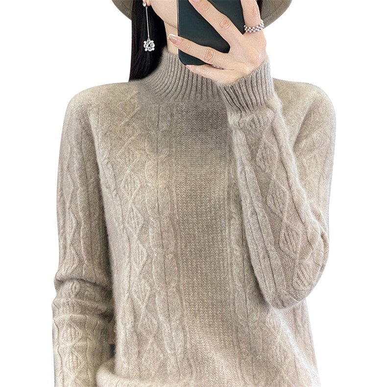 秋冬新款羊毛半高领绞花毛衣女宽松显瘦保暖针织衫,女装羊毛衫,秋虹羊绒