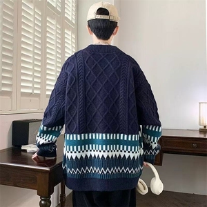 针织开衫男秋冬季美式宽松麻花线衣外套情侣款V领慵懒风男士毛衣图片