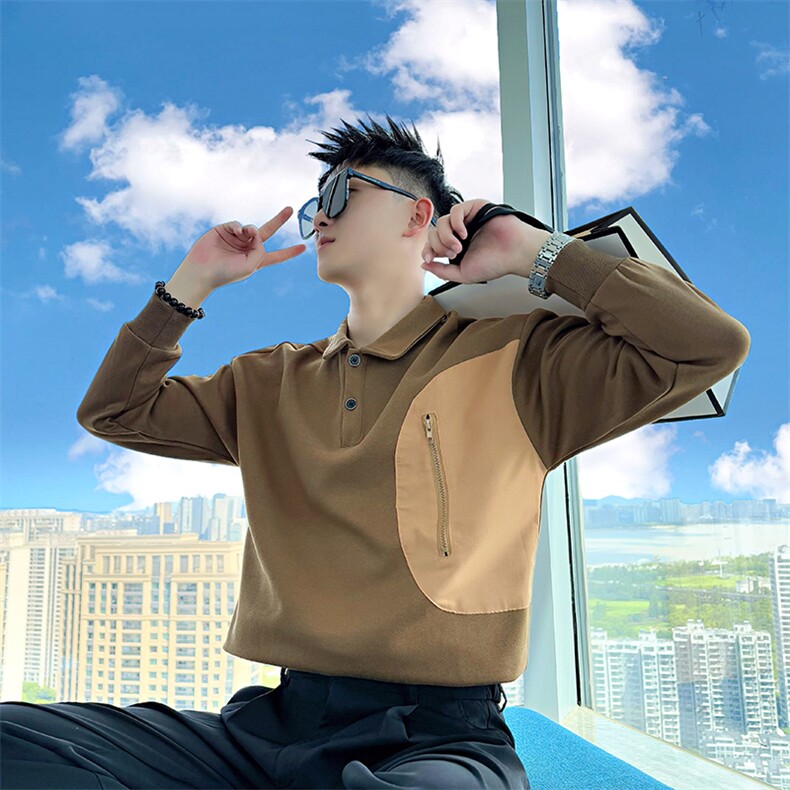 AW217/P78控108秋季社会小伙翻领拼接撞色设计感打底卫衣男黑首,男装T恤,星座305B-1