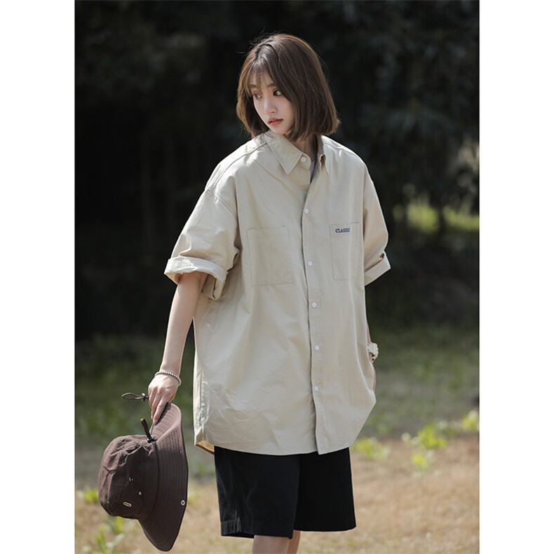 短袖衬衫女港味新款潮流宽松纯色衬衣休闲百搭外穿上衣CS09-p45，女装衬衫，星座710