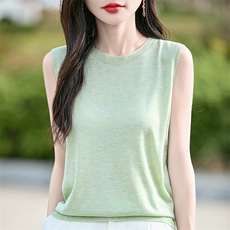 春款修身显瘦百搭时尚圆领女士纯色气质无袖上衣，女装T恤，佰米娇羊绒