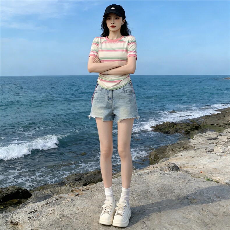 女夏季新款韩版运动休闲套装修身显瘦圆领条纹短袖牛仔短裤两件套,女装套装/套裙,江南