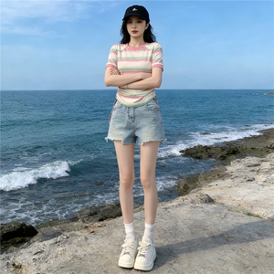 女夏季新款韩版运动休闲套装修身显瘦圆领条纹短袖牛仔短裤两件套图片