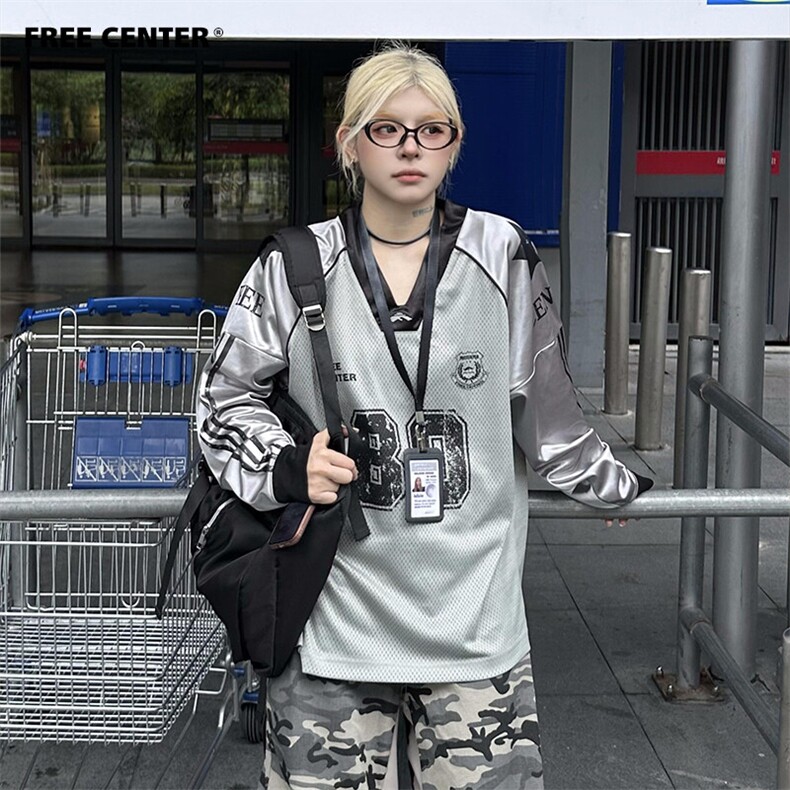FreeCenter美式复古运动风球衣女插肩袖拼接字母宽松速干长袖T恤,女装T恤,星座506A