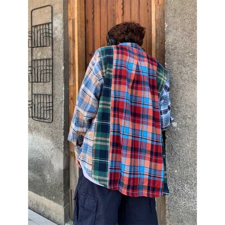 美式复古撞色长袖格子衬衫男潮牌百搭情侣款休闲印花格纹衬衣外套,男装衬衫,星座506A