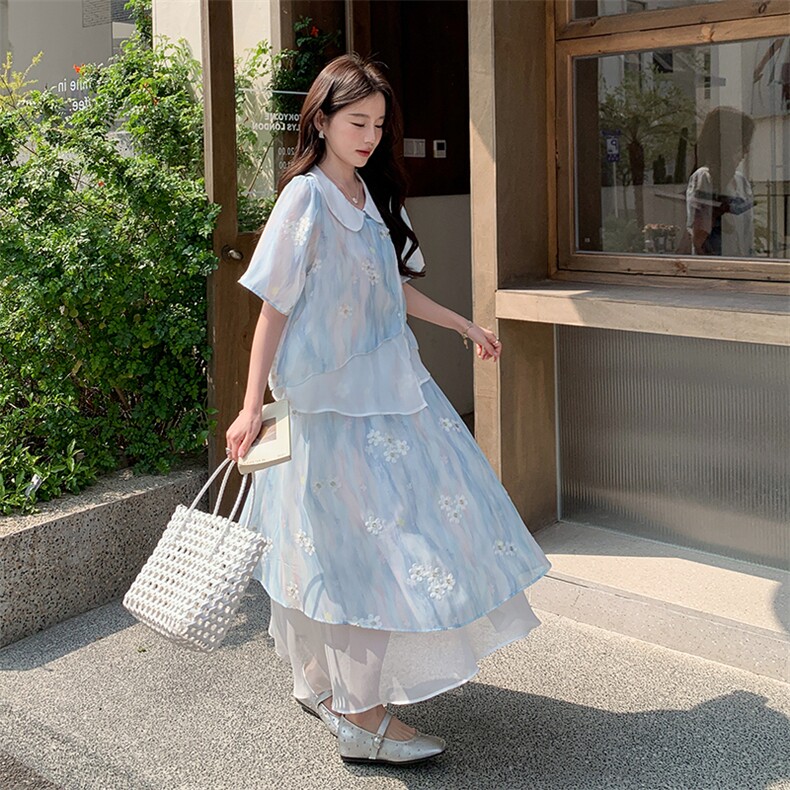 新中式国风娃娃领碎花半身裙套装女夏2025新款小个子温柔风两件套,女装连衣裙,2C285