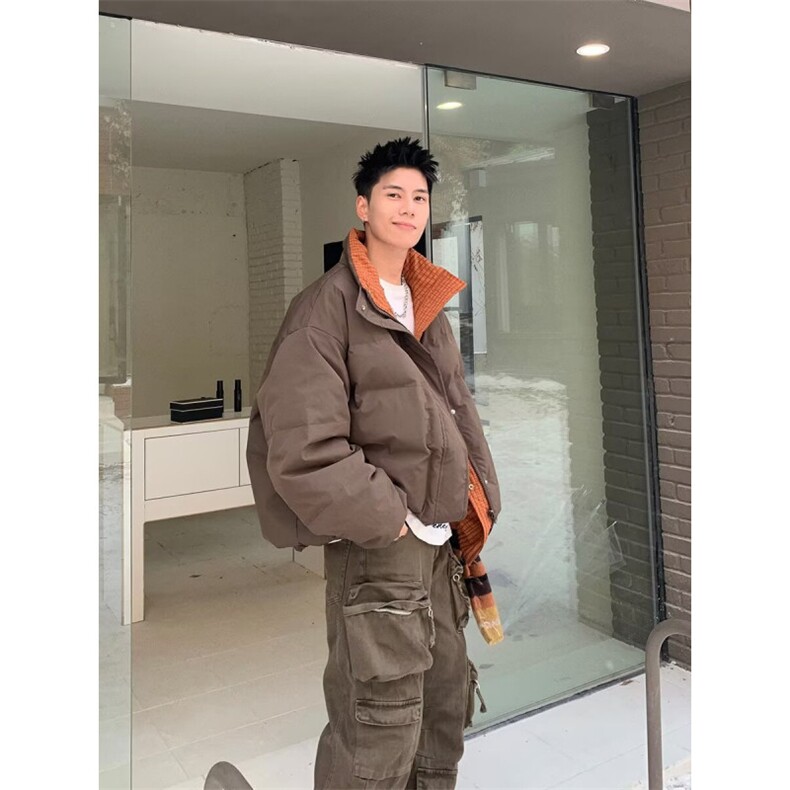 EAHO秋冬两面穿棕色复古立领棉服夹克男女情侣加厚外套图片