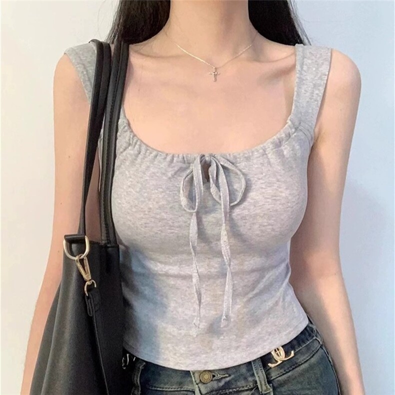 辣妹抽绳吊带背心韩版修身显瘦短款衣夏季外穿坎肩修身内搭上衣,女装背心吊带,梦白服饰厂