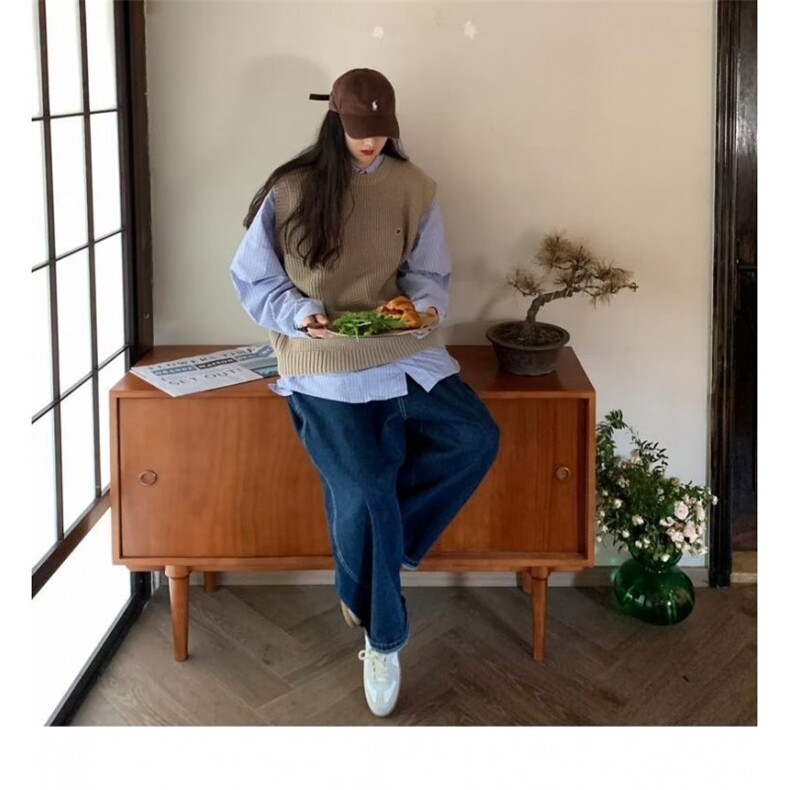 日系复古菠萝纹针织背心男女ins秋季宽松潮流情侣无袖马甲毛线衣图片