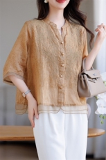 文艺复古苎麻刺绣五分袖衬衫女2025夏季新款宽松洋气减龄小衫上衣，女装衬衫，余墨