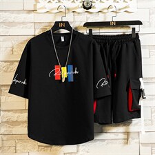 新款圆领T恤工装裤帅气潮牌印花休闲宽松夏季套装男F179P70，男装休闲套装，电商A086
