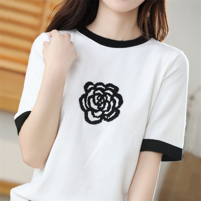 德国进口美丽诺精纺扬子纱山茶花圆领短袖套头衫，女装针织衫/毛衣，萱芳婷羊绒