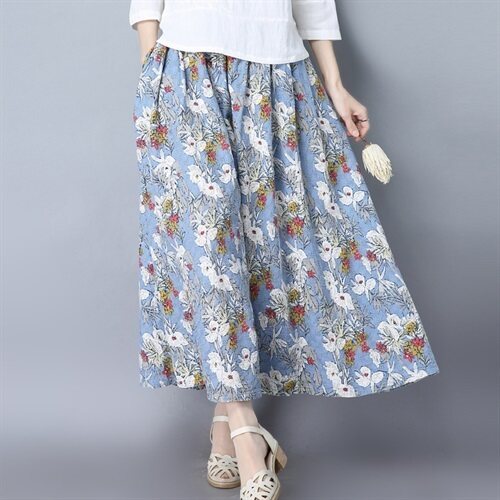 2021夏新款半身裙麻棉半身裙休闲印花宽松半身裙闪电发货883-1，女装半身裙，秋牧寒烟