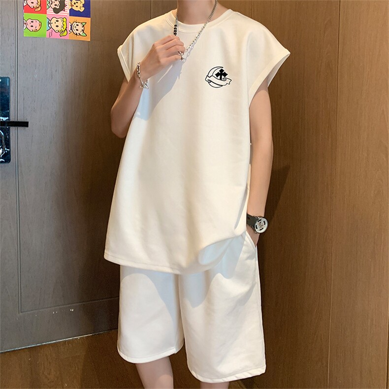 直播美式麂皮绒宽松背心无袖t恤短裤大码两件套套装TZ43-P58,男装T恤,电商A486