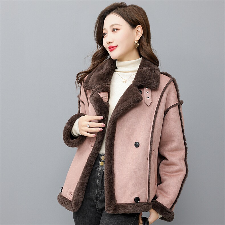 毛内胆外套2023年冬季加绒宽松纯色西装领显瘦实穿外套，女装羊羔毛/颗粒绒，曼沙奕珂