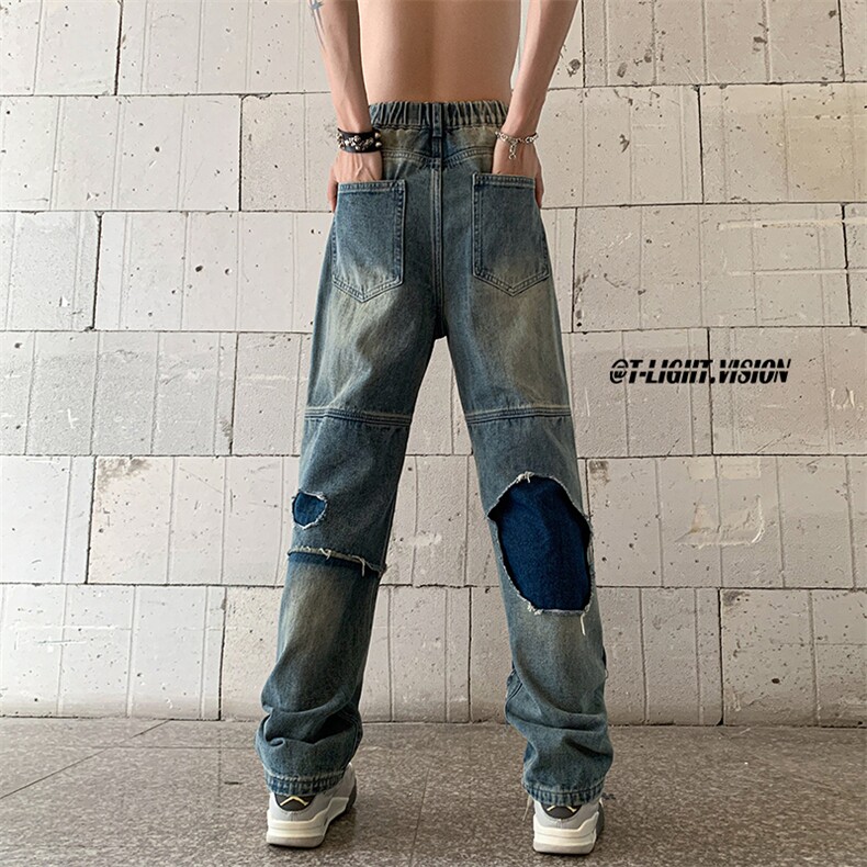 B221美式ins高街暗黑小众撞色破洞直筒牛仔裤LK23109-P65控88,男装牛仔裤,电商B221