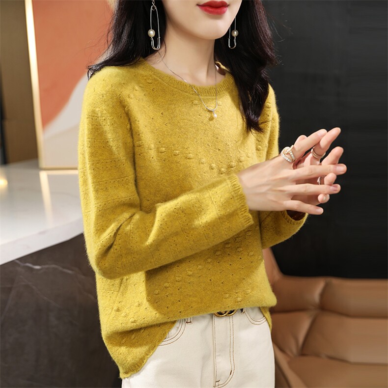 秋冬季纯澳毛七针加厚女士挑空圆领豆粒羊毛衫,女装羊毛衫,君贝羊绒