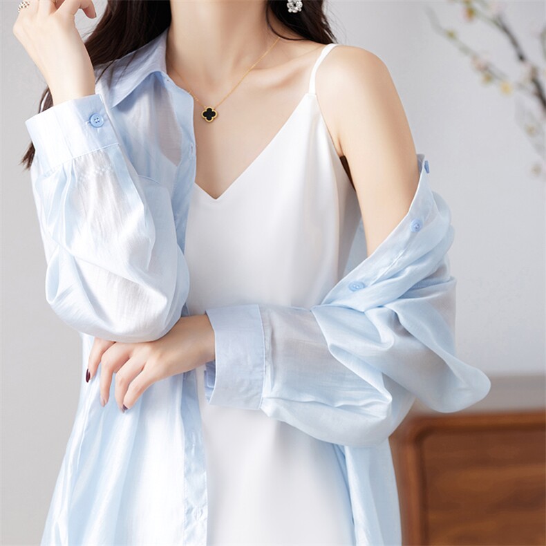 夏季时尚通勤大码长袖防晒衬衣女薄款休闲宽松小披肩外套空调上衣,女装防晒衣,朝贺羊绒