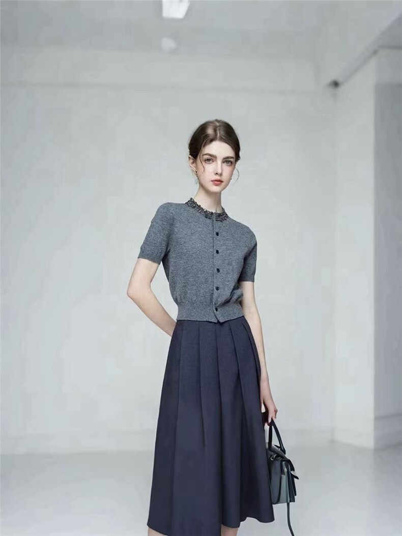 手缝钻纯澳毛开衫短袖，女装针织衫/毛衣，米咔羊绒