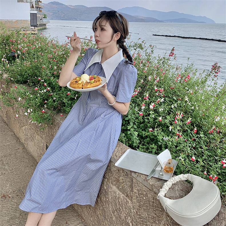 时尚显瘦蓝色条纹连衣裙全棉材质优雅气质支持退换货,女装连衣裙,灵力轩