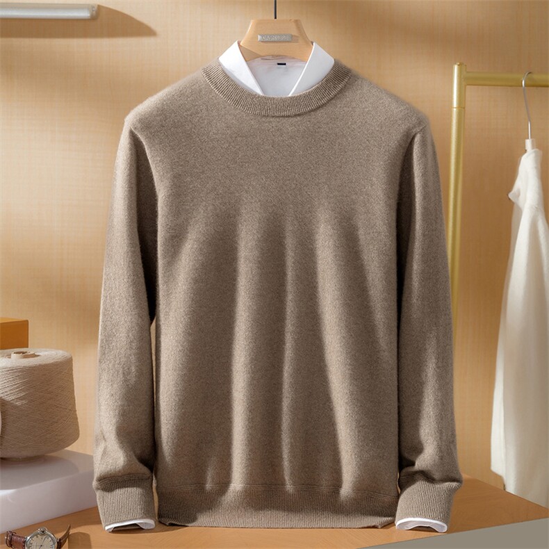 2025年秋季新款十二针平面针织圆领男士羊绒上衣时尚休闲通勤百搭，男装羊绒套衫，高粱穗羊绒