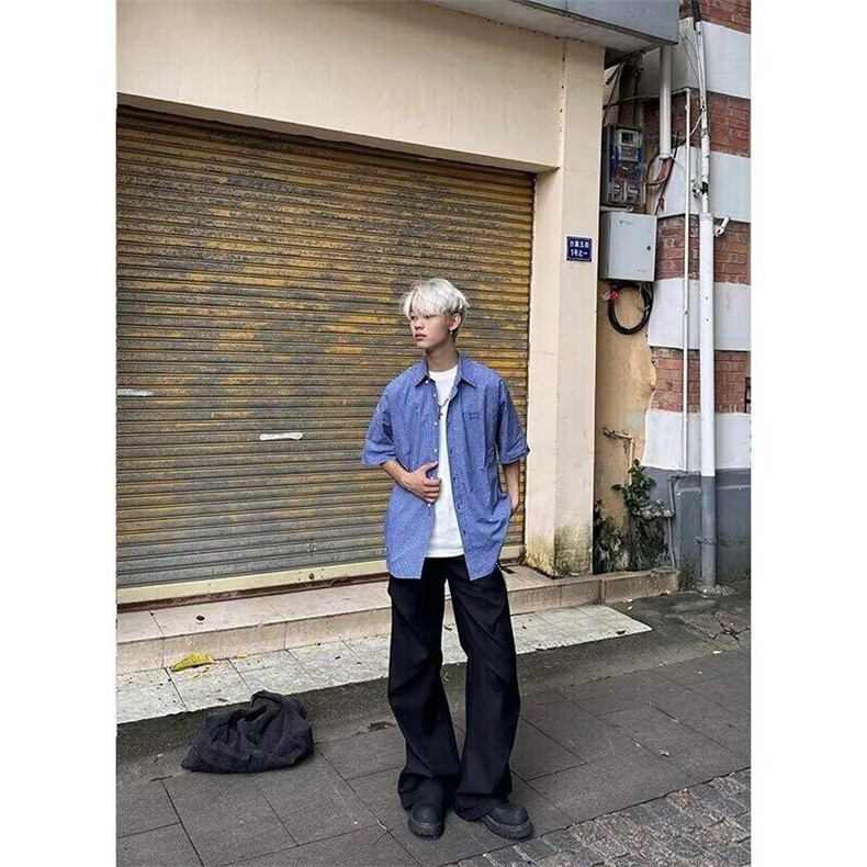 美式复古蓝色格子短袖衬衫男女宽松休闲高级感百搭衬衣CXS43,男装衬衫,星座1116A（原606A-3）
