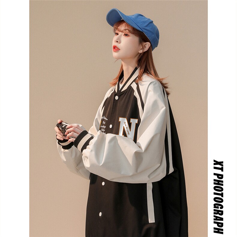 中性风秋季宽松休闲插肩袖棒球服拼色情侣外套女JK6872P65控78,女装短外套,电商A268