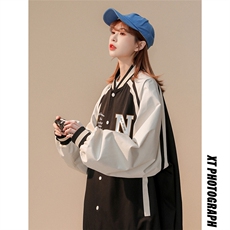 中性风秋季宽松休闲插肩袖棒球服拼色情侣外套女JK6872P65控78，女装短外套，电商A268