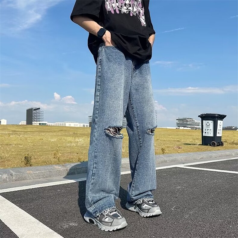 2024日系水洗破洞牛仔秋季薄款青少年潮牌宽松阔腿长裤NZ092-P50,男装休闲裤,星座1103-2
