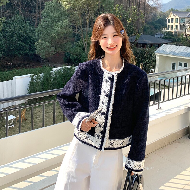 深蓝色小香风蕾丝拼接短外套女2025春季小个子名媛气质高级感上衣,女装短外套,2C169
