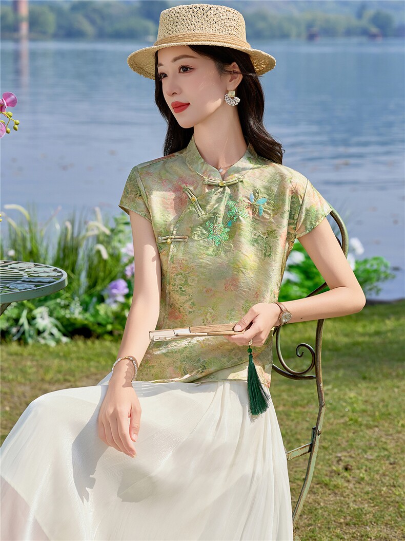 高级感新中式立领短袖女2026夏季新款改良旗袍领收腰套裙,女装套装/套裙,贝蕾酷儿