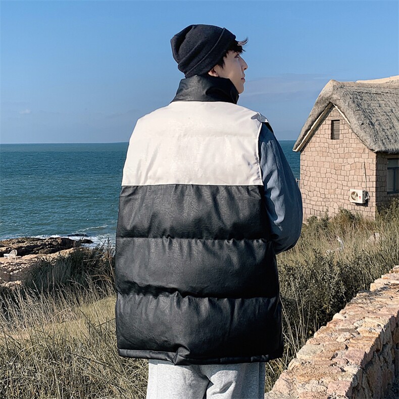 2026秋冬装羽绒棉马甲男加厚拼色立领PU皮坎肩MJ17588/P85白色2,女装马甲,电商A094