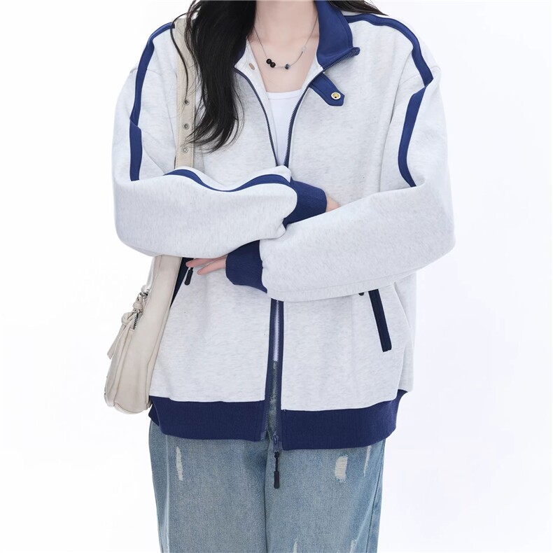 WY841-P65-450克美式慵懒chic新款复古撞色运动休闲立领卫衣外套,女装短外套,星座1811B