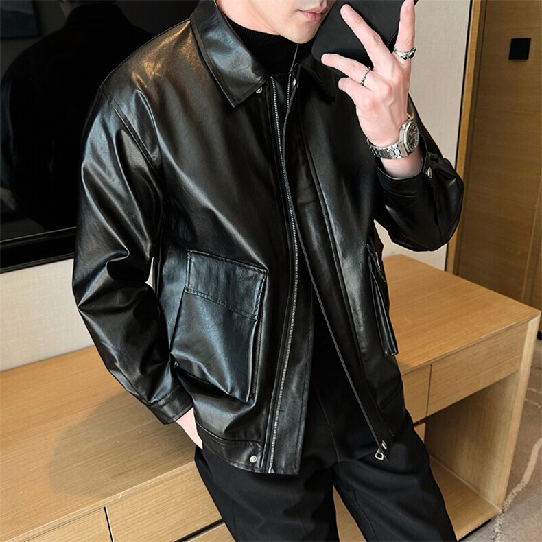 大码男士皮衣夹克潮流休闲外套春季翻领上衣刺绣A266-PY007-P85，男装皮衣，电商A266