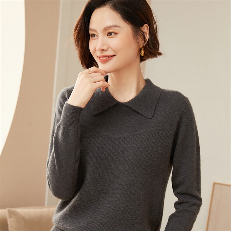 女士优雅百搭POLO领羊绒衫简约修身显瘦长袖针织衫,女装羊绒衫,澳冬特羊绒